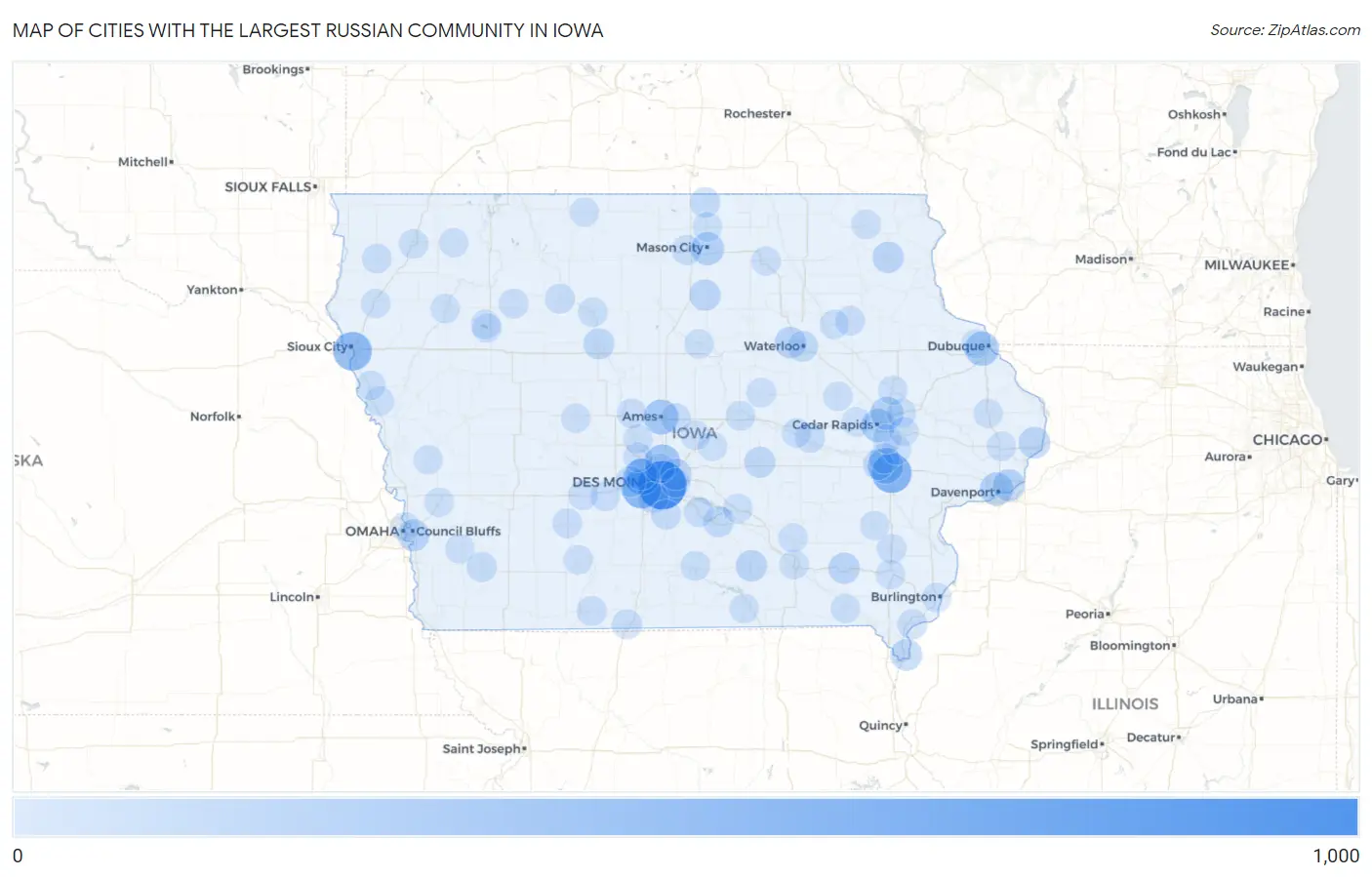 Cities with the Largest Russian Community in Iowa Map