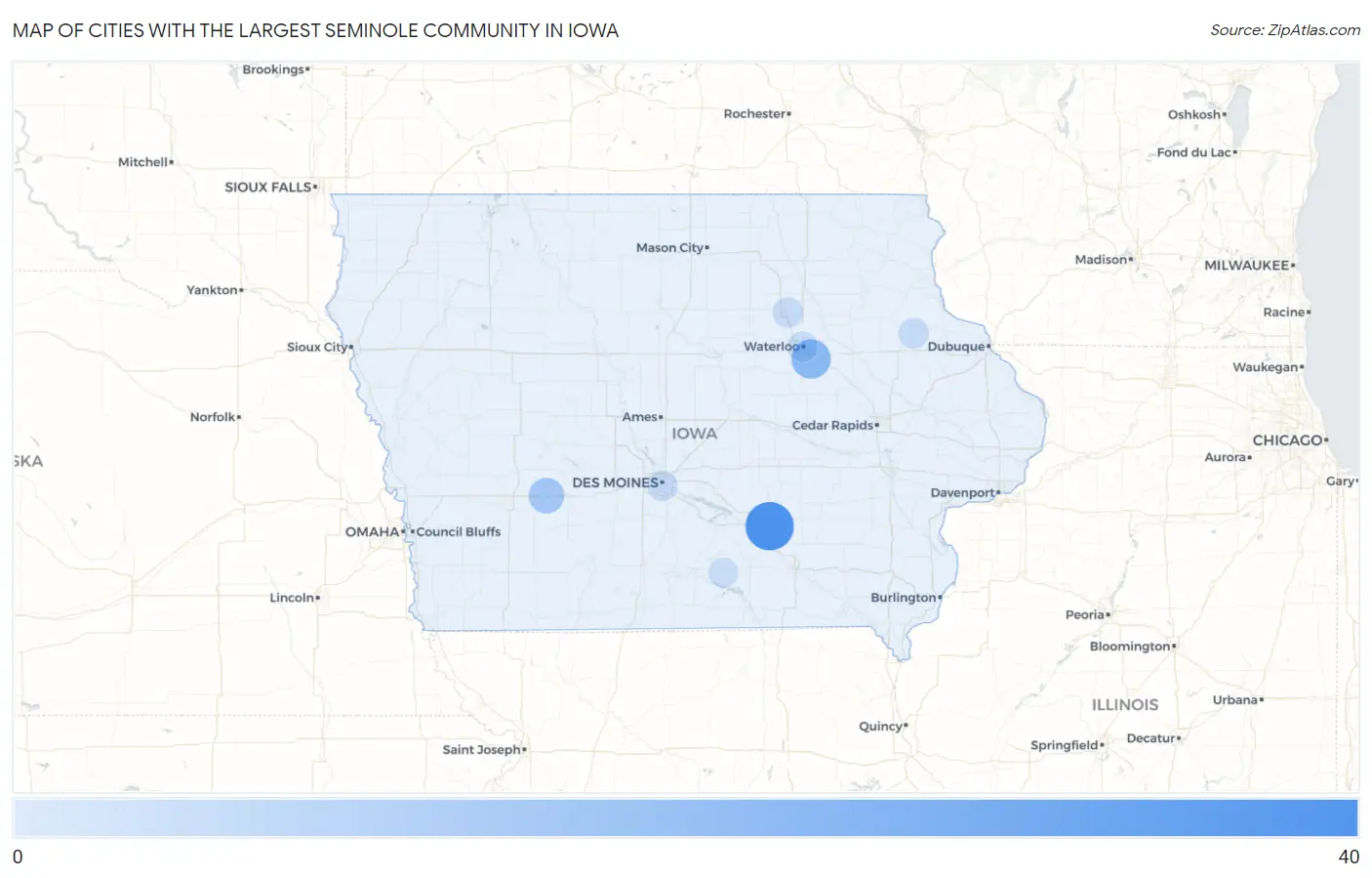 Cities with the Largest Seminole Community in Iowa Map