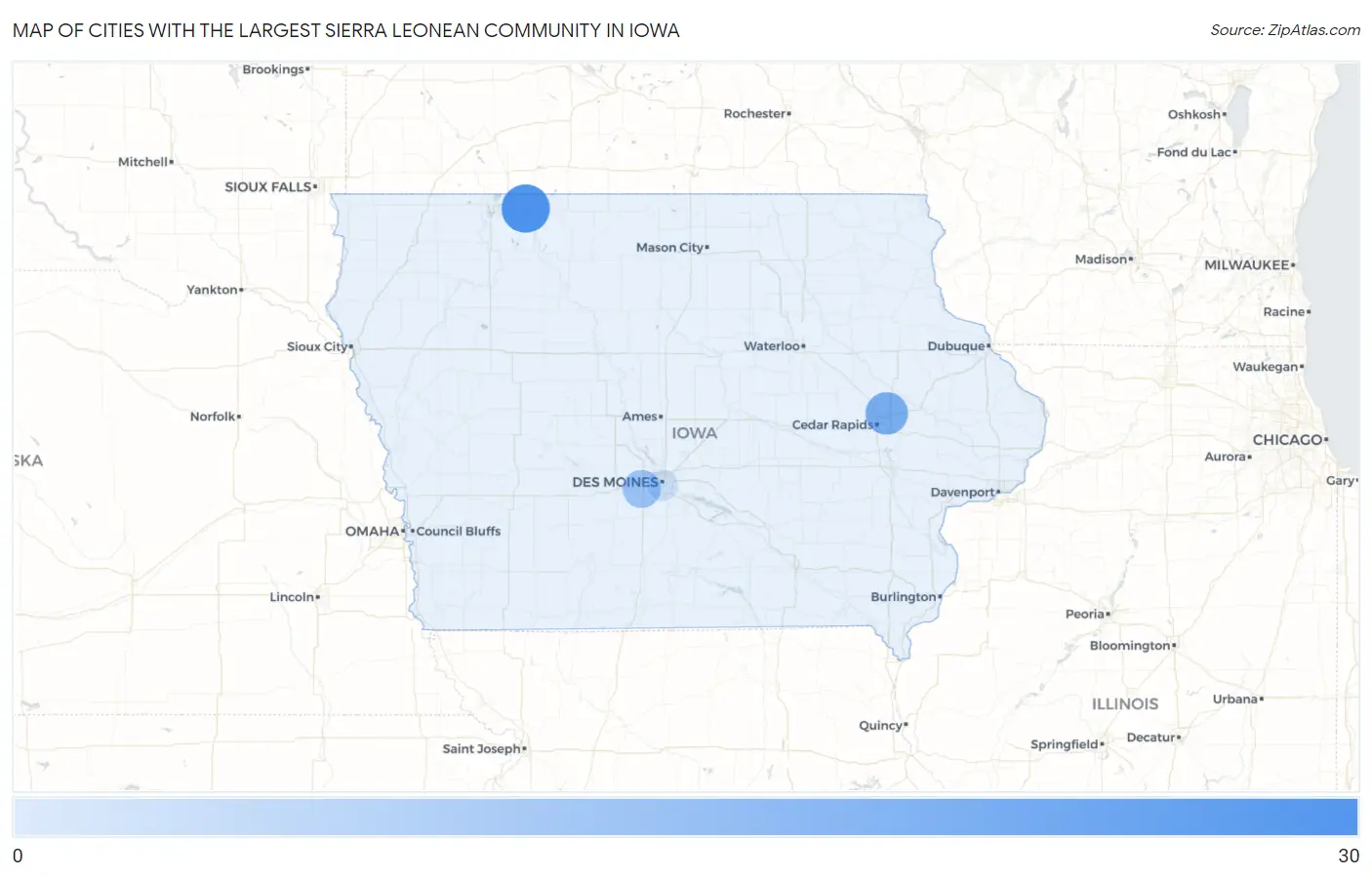 Cities with the Largest Sierra Leonean Community in Iowa Map