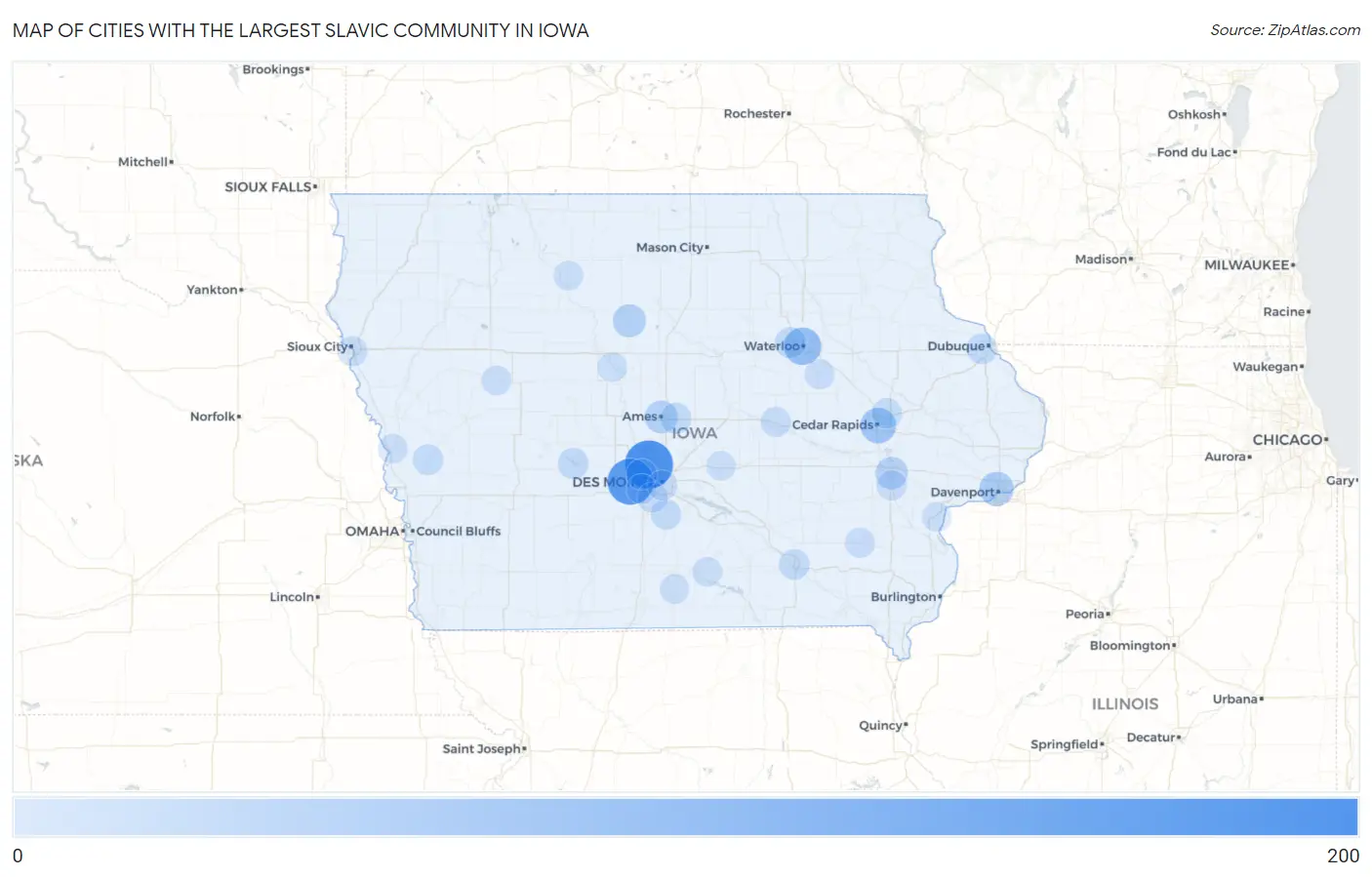 Cities with the Largest Slavic Community in Iowa Map