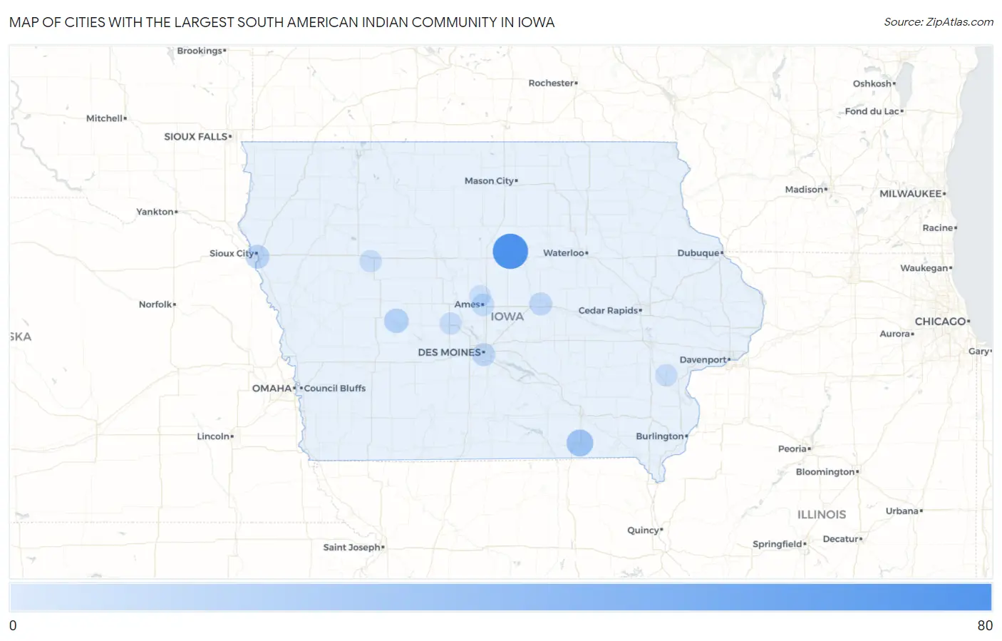 Cities with the Largest South American Indian Community in Iowa Map