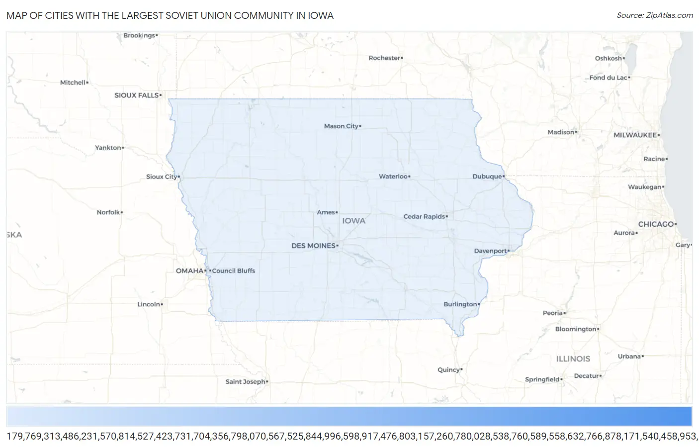 Cities with the Largest Soviet Union Community in Iowa Map