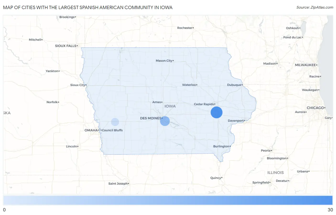 Cities with the Largest Spanish American Community in Iowa Map
