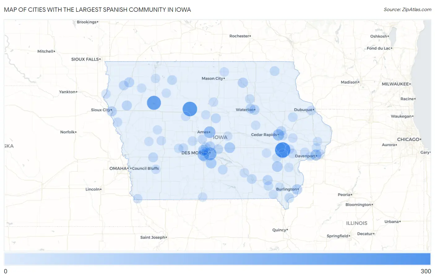 Cities with the Largest Spanish Community in Iowa Map