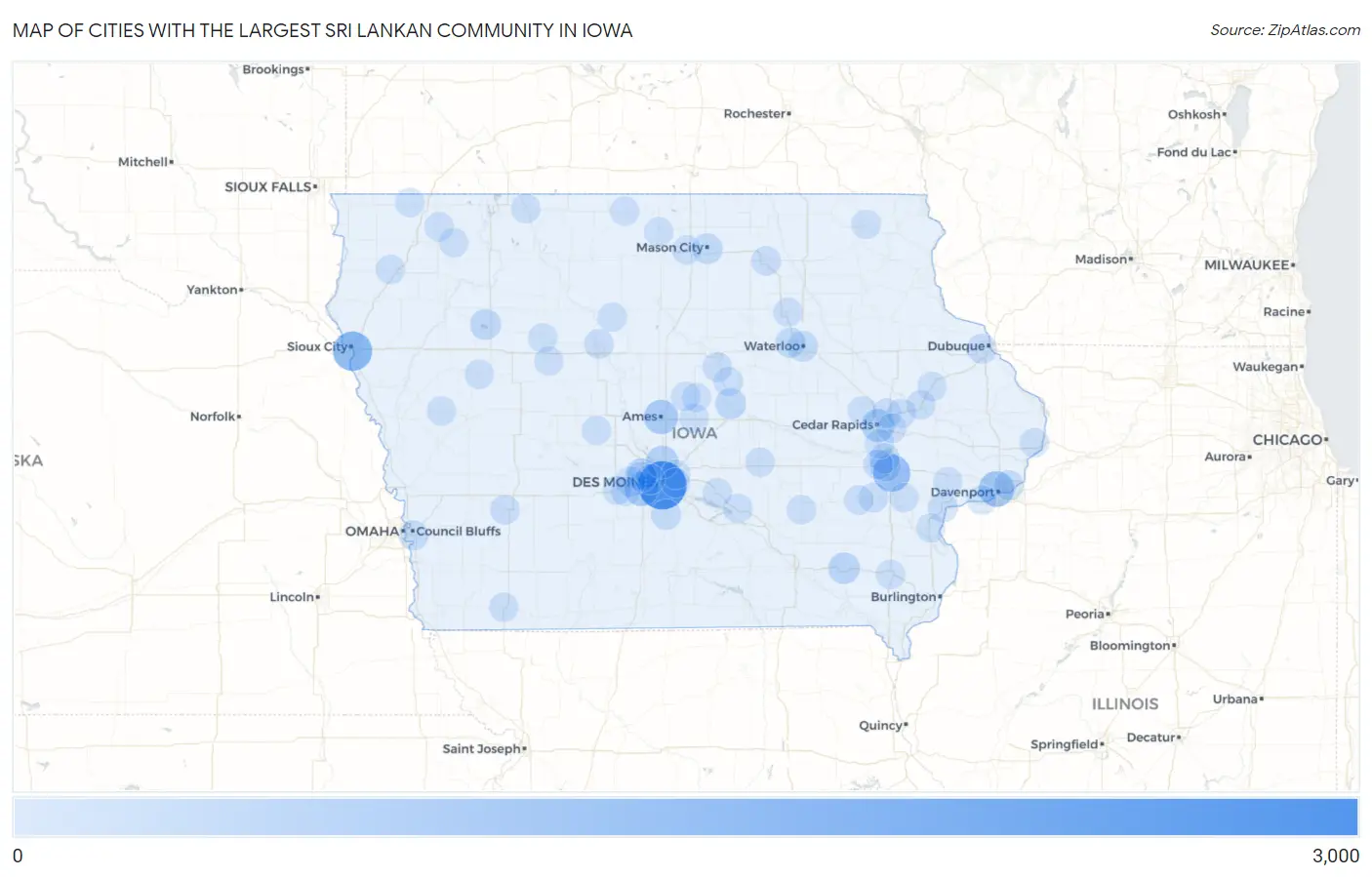 Cities with the Largest Sri Lankan Community in Iowa Map