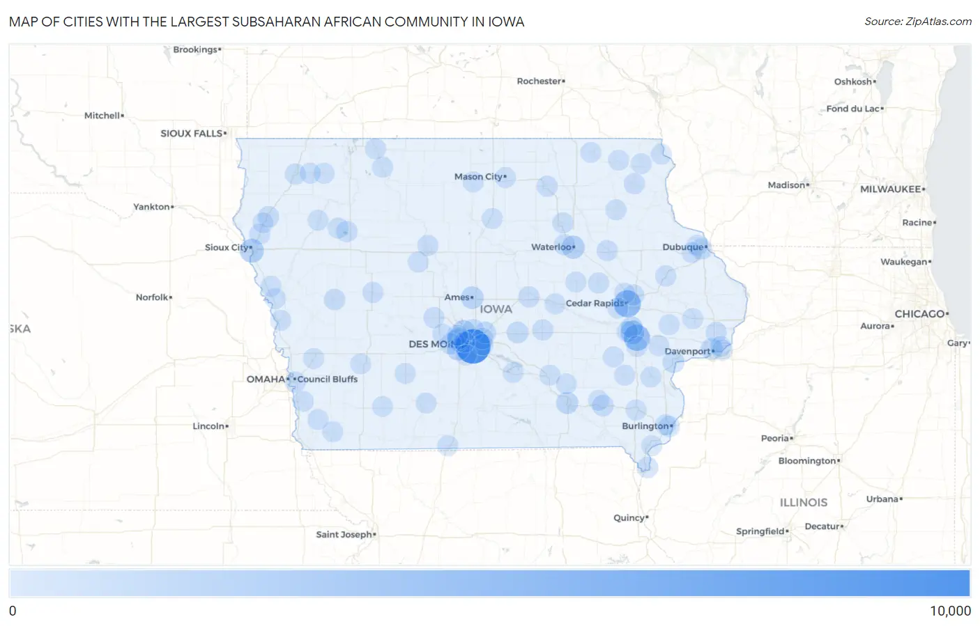 Cities with the Largest Subsaharan African Community in Iowa Map