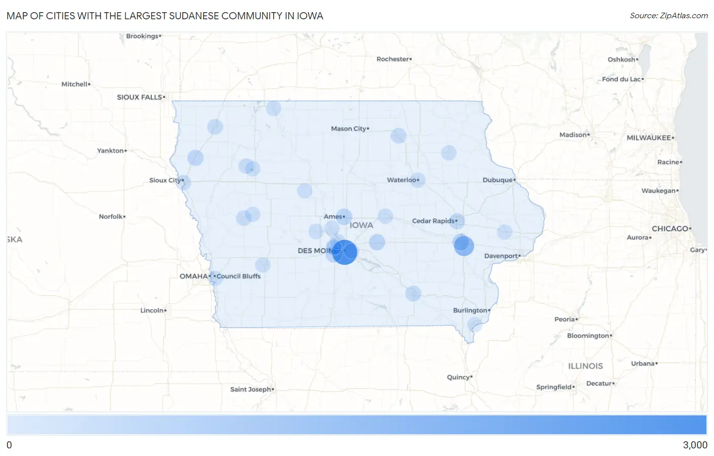 Cities with the Largest Sudanese Community in Iowa Map