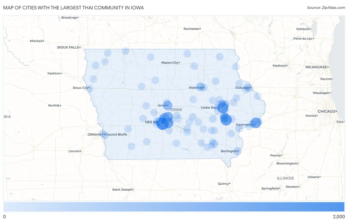 Cities with the Largest Thai Community in Iowa Map