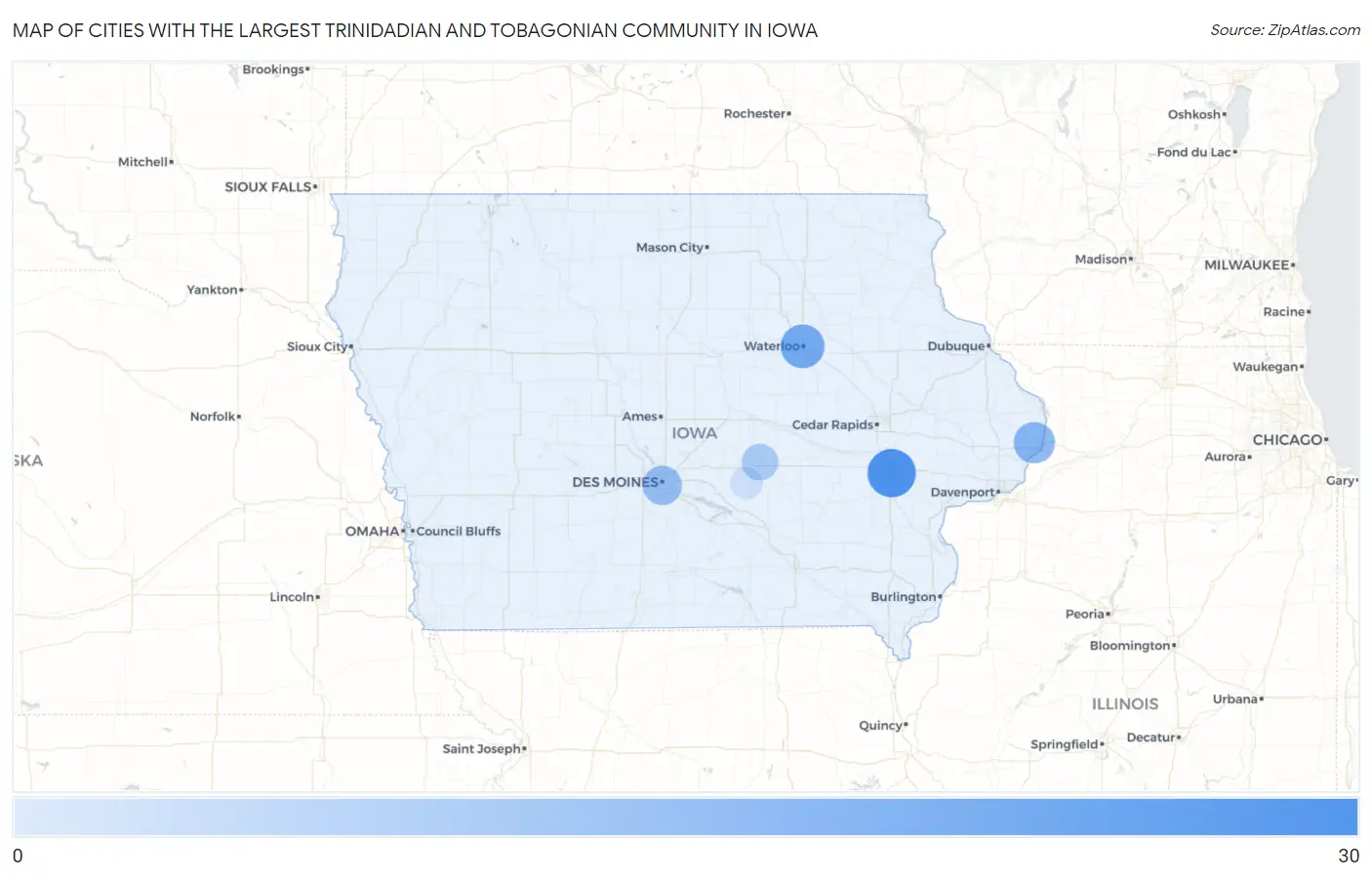 Cities with the Largest Trinidadian and Tobagonian Community in Iowa Map