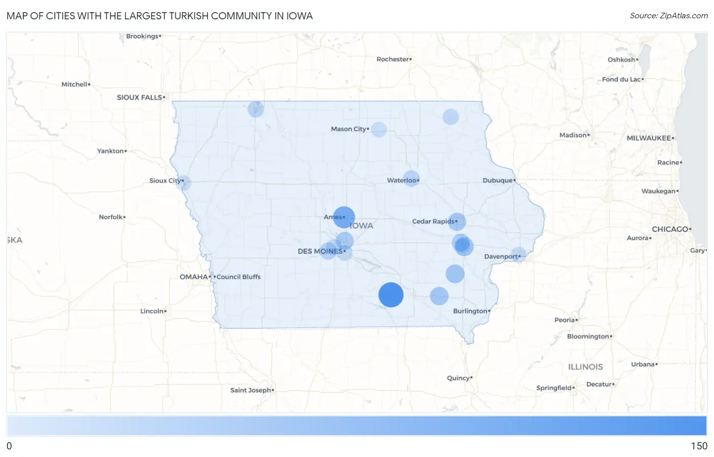 Cities with the Largest Turkish Community in Iowa Map