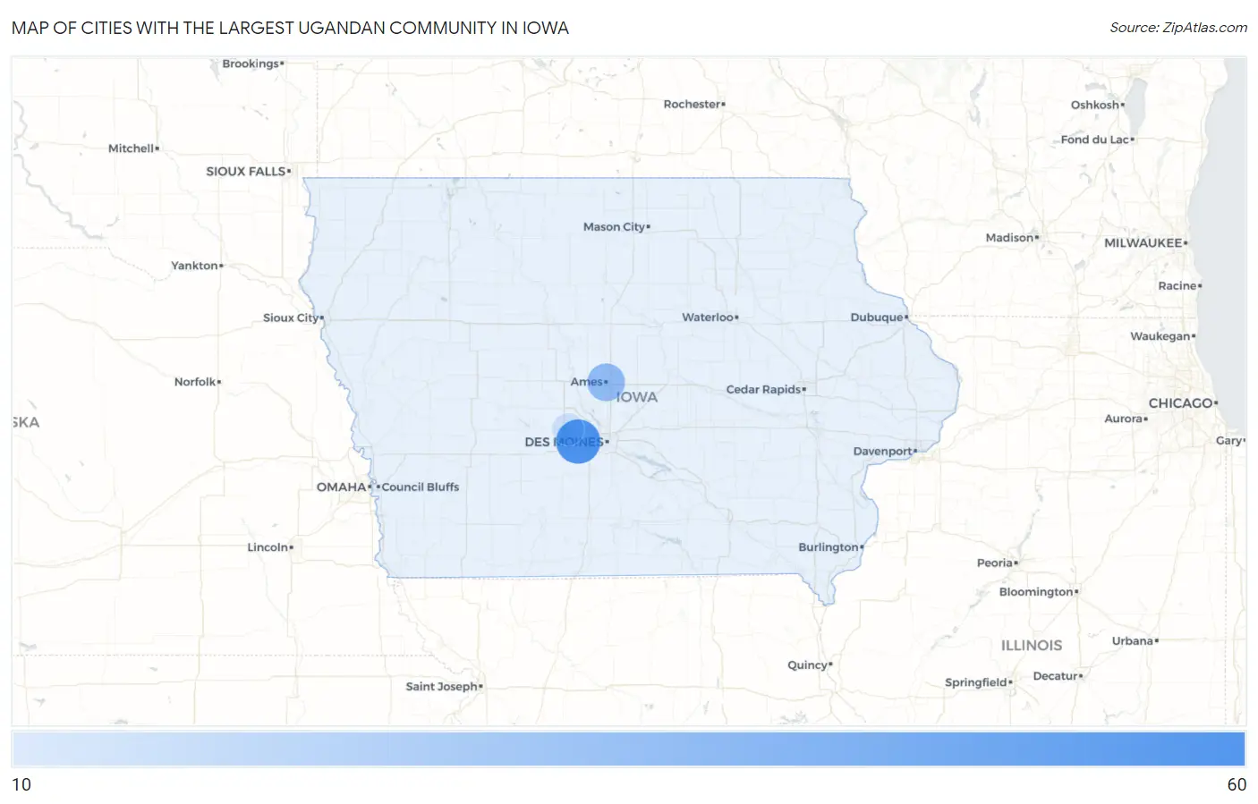 Cities with the Largest Ugandan Community in Iowa Map