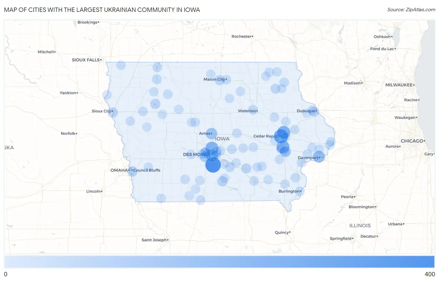 Cities with the Largest Ukrainian Community in Iowa Map