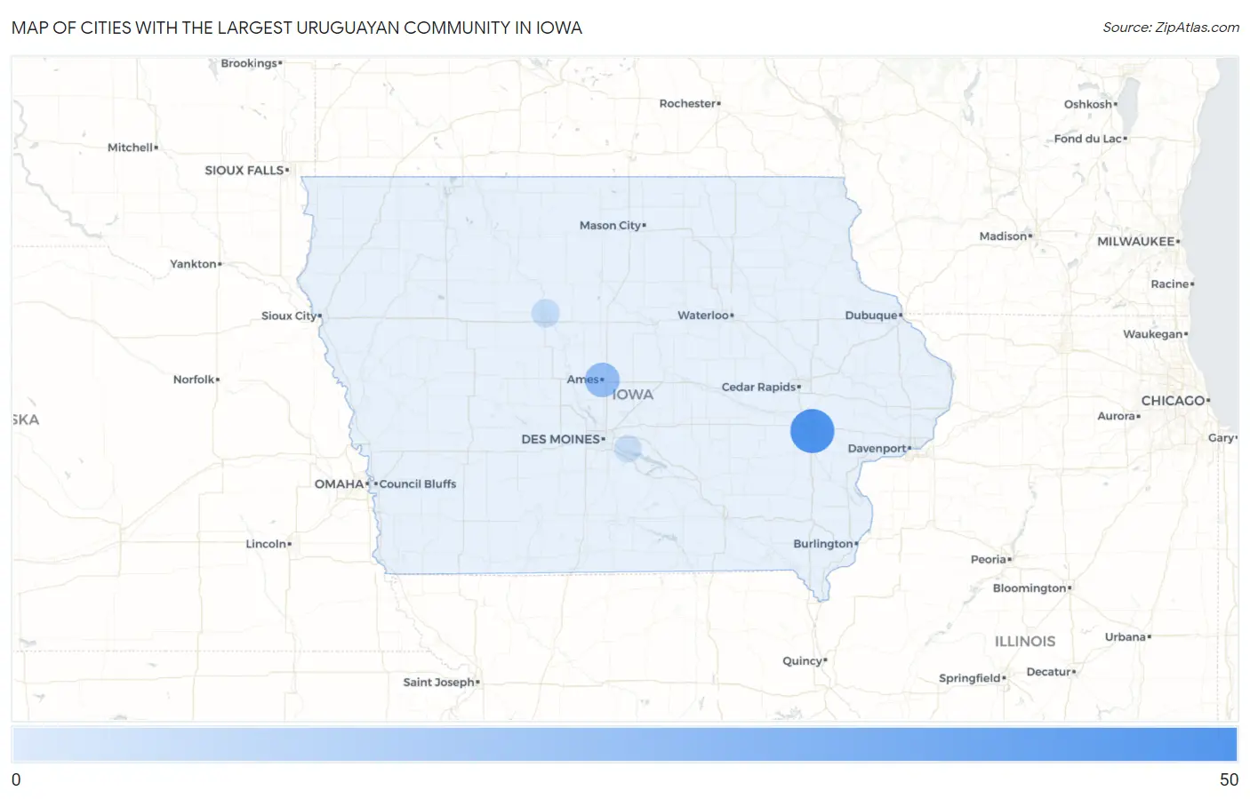 Cities with the Largest Uruguayan Community in Iowa Map