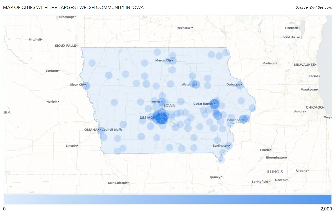 Cities with the Largest Welsh Community in Iowa Map