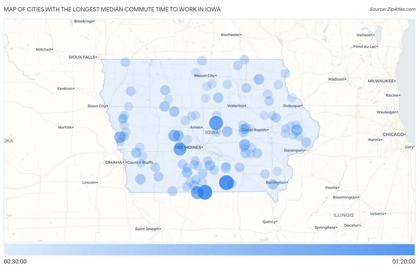 Cities with the Longest Median Commute Time to Work in Iowa Map
