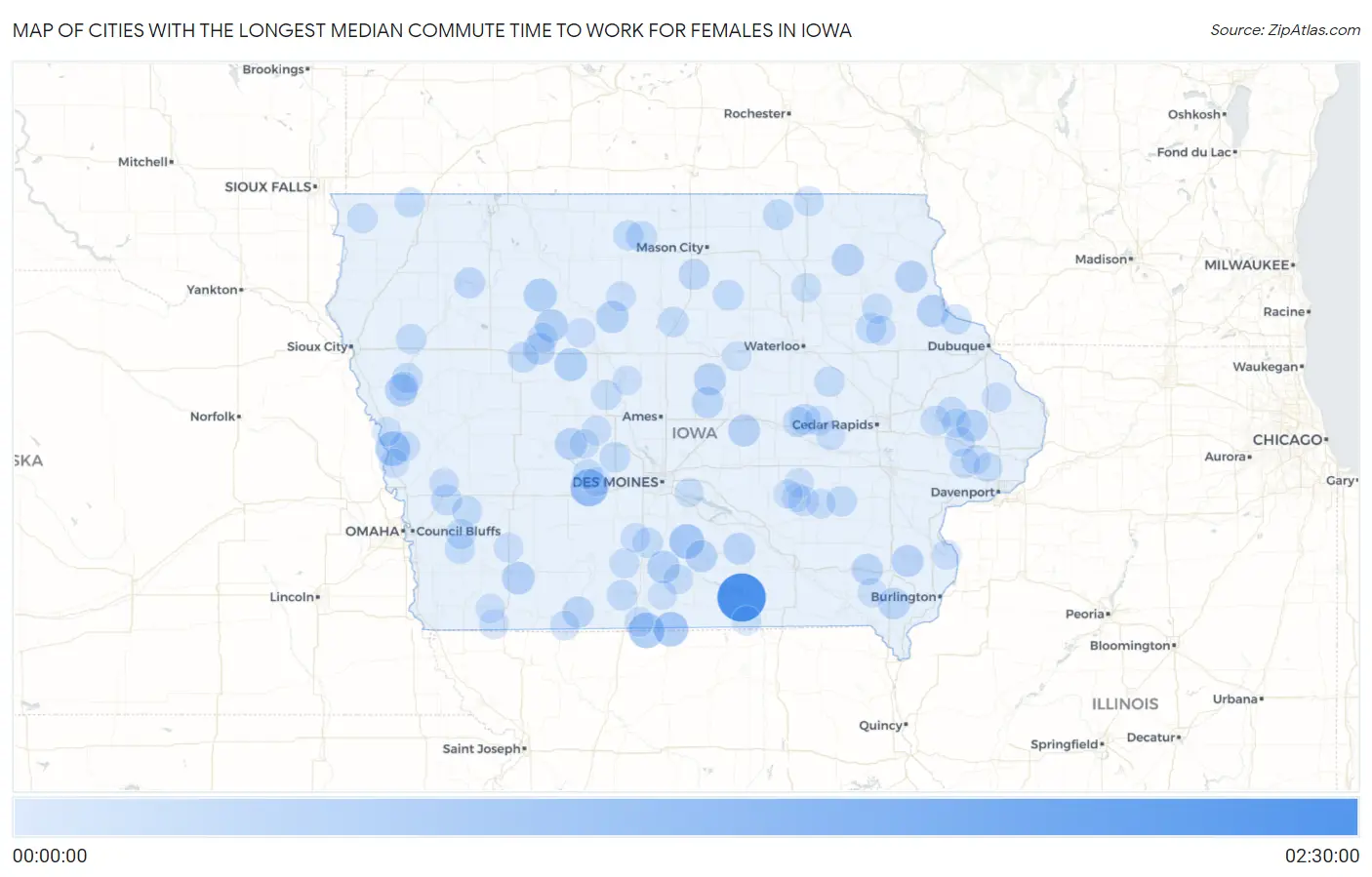 Cities with the Longest Median Commute Time to Work for Females in Iowa Map