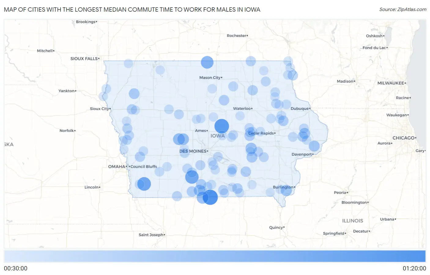 Cities with the Longest Median Commute Time to Work for Males in Iowa Map