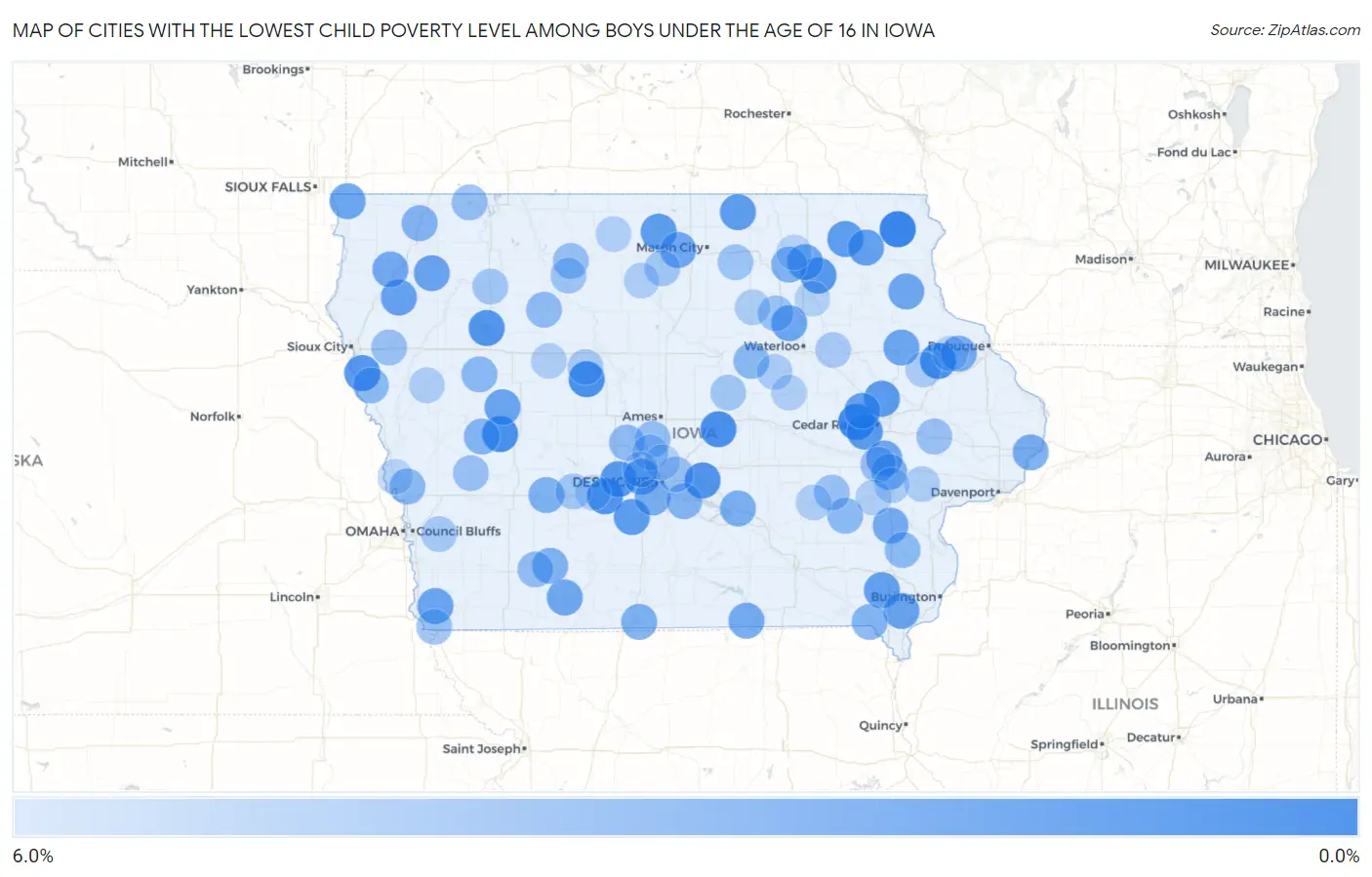 Cities with the Lowest Child Poverty Level Among Boys Under the Age of 16 in Iowa Map