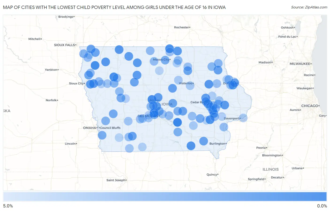 Cities with the Lowest Child Poverty Level Among Girls Under the Age of 16 in Iowa Map