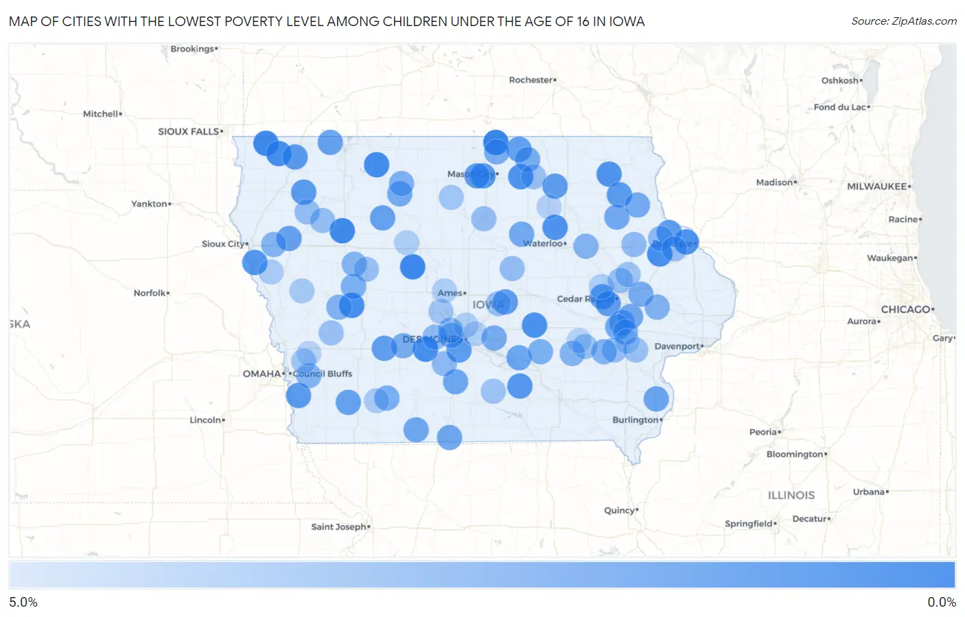 Cities with the Lowest Poverty Level Among Children Under the Age of 16 in Iowa Map