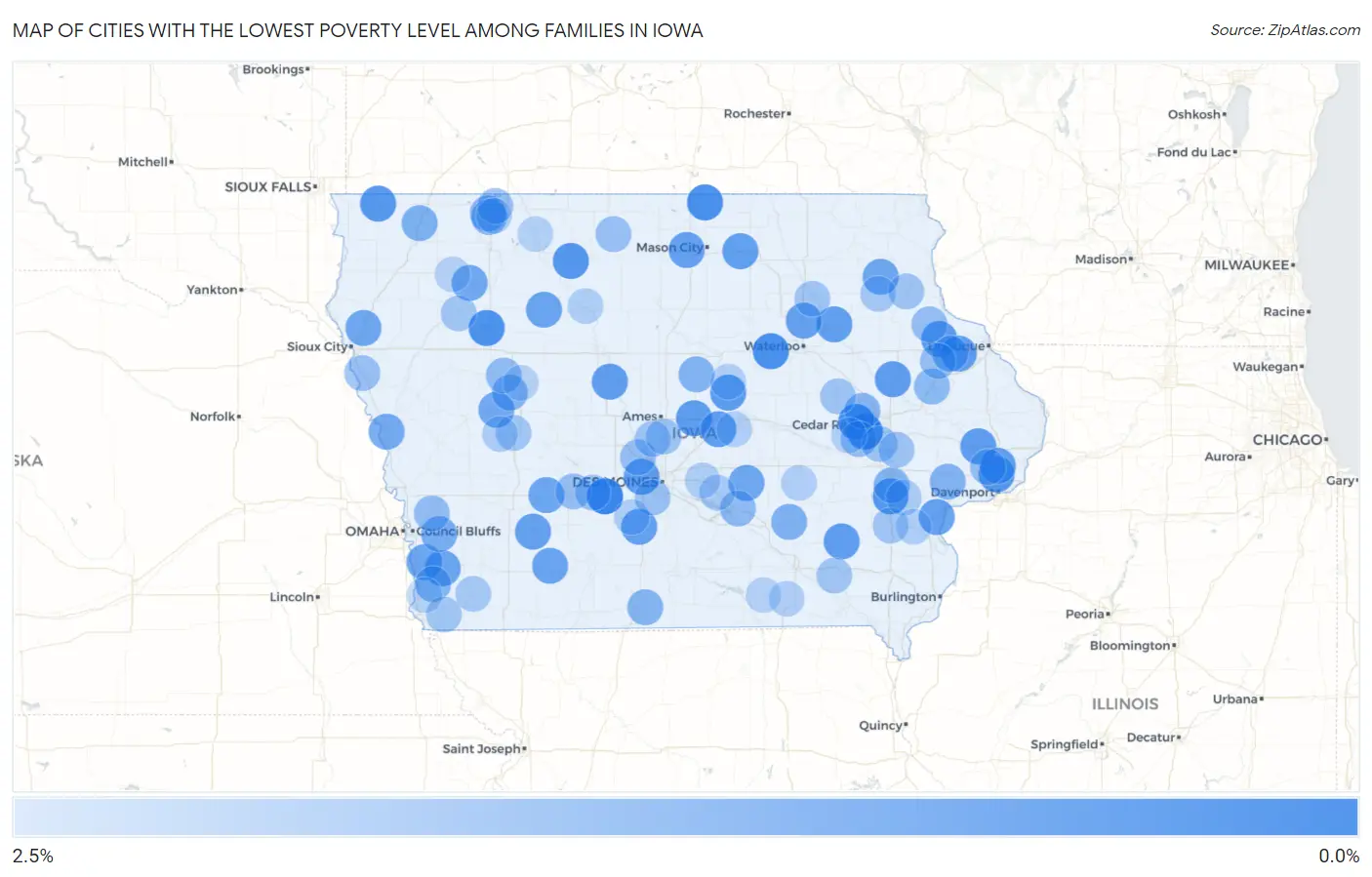 Cities with the Lowest Poverty Level Among Families in Iowa Map