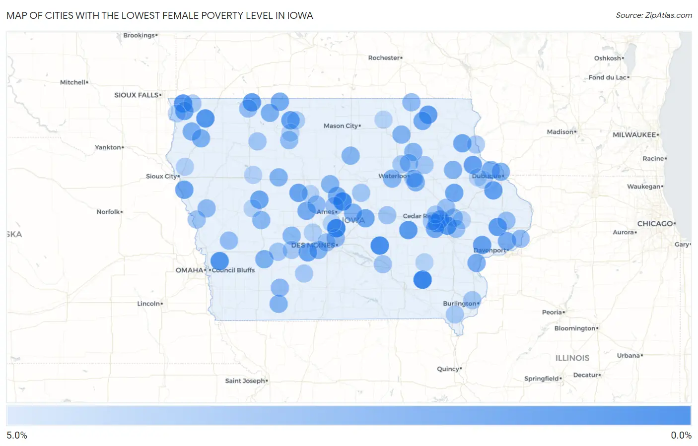 Cities with the Lowest Female Poverty Level in Iowa Map