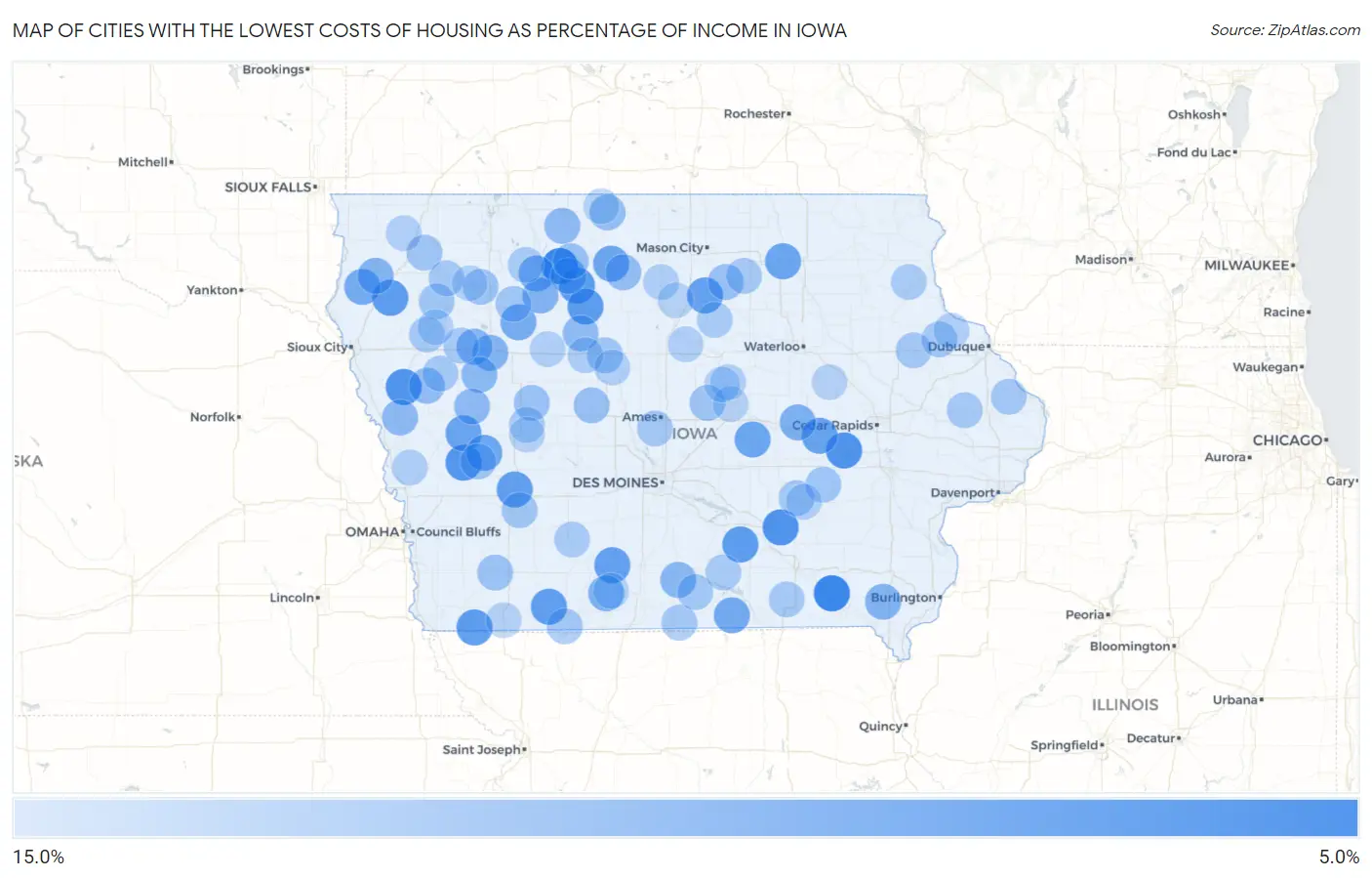 Cities with the Lowest Costs of Housing as Percentage of Income in Iowa Map