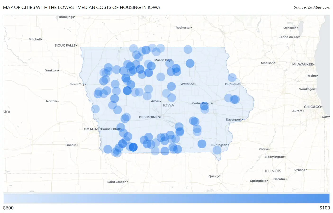 Cities with the Lowest Median Costs of Housing in Iowa Map