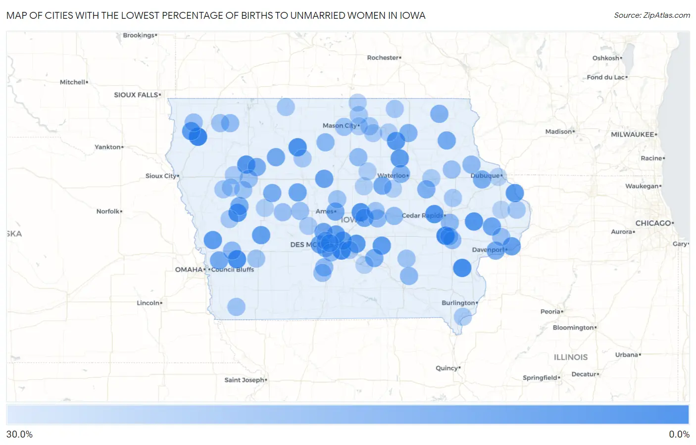 Cities with the Lowest Percentage of Births to Unmarried Women in Iowa Map