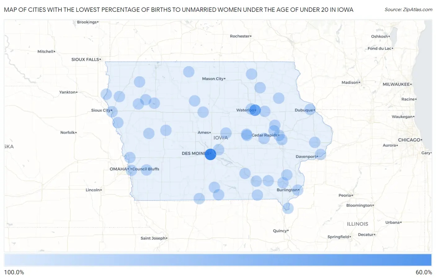 Cities with the Lowest Percentage of Births to Unmarried Women under the Age of under 20 in Iowa Map