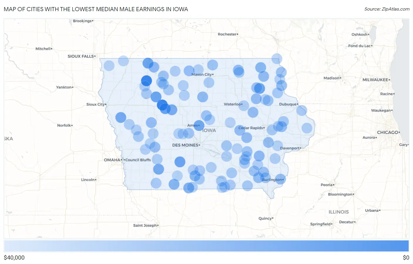 Cities with the Lowest Median Male Earnings in Iowa Map