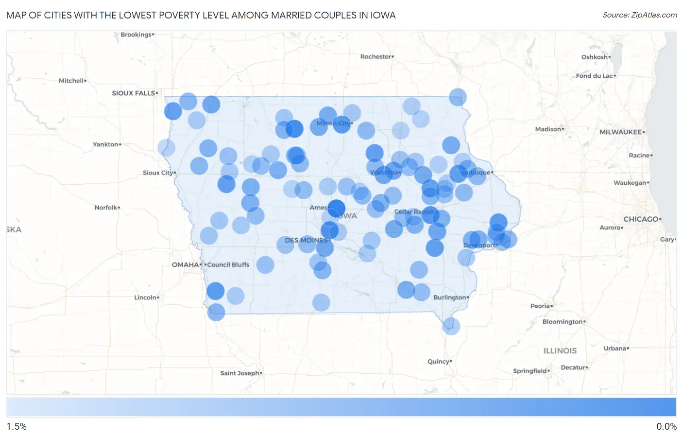 Cities with the Lowest Poverty Level Among Married Couples in Iowa Map