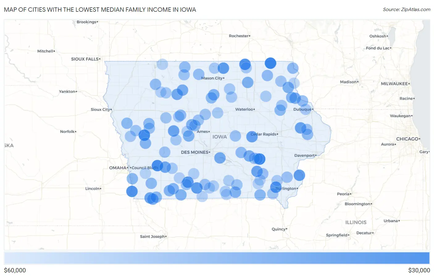 Cities with the Lowest Median Family Income in Iowa Map