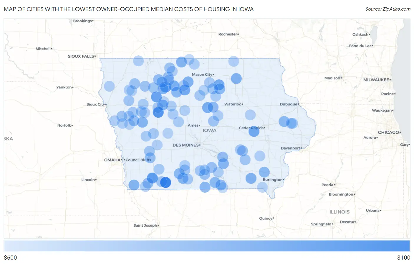 Cities with the Lowest Owner-Occupied Median Costs of Housing in Iowa Map
