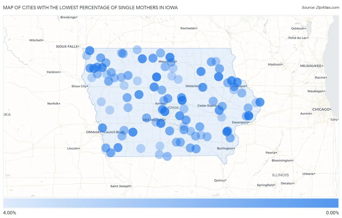 Cities with the Lowest Percentage of Single Mothers in Iowa Map