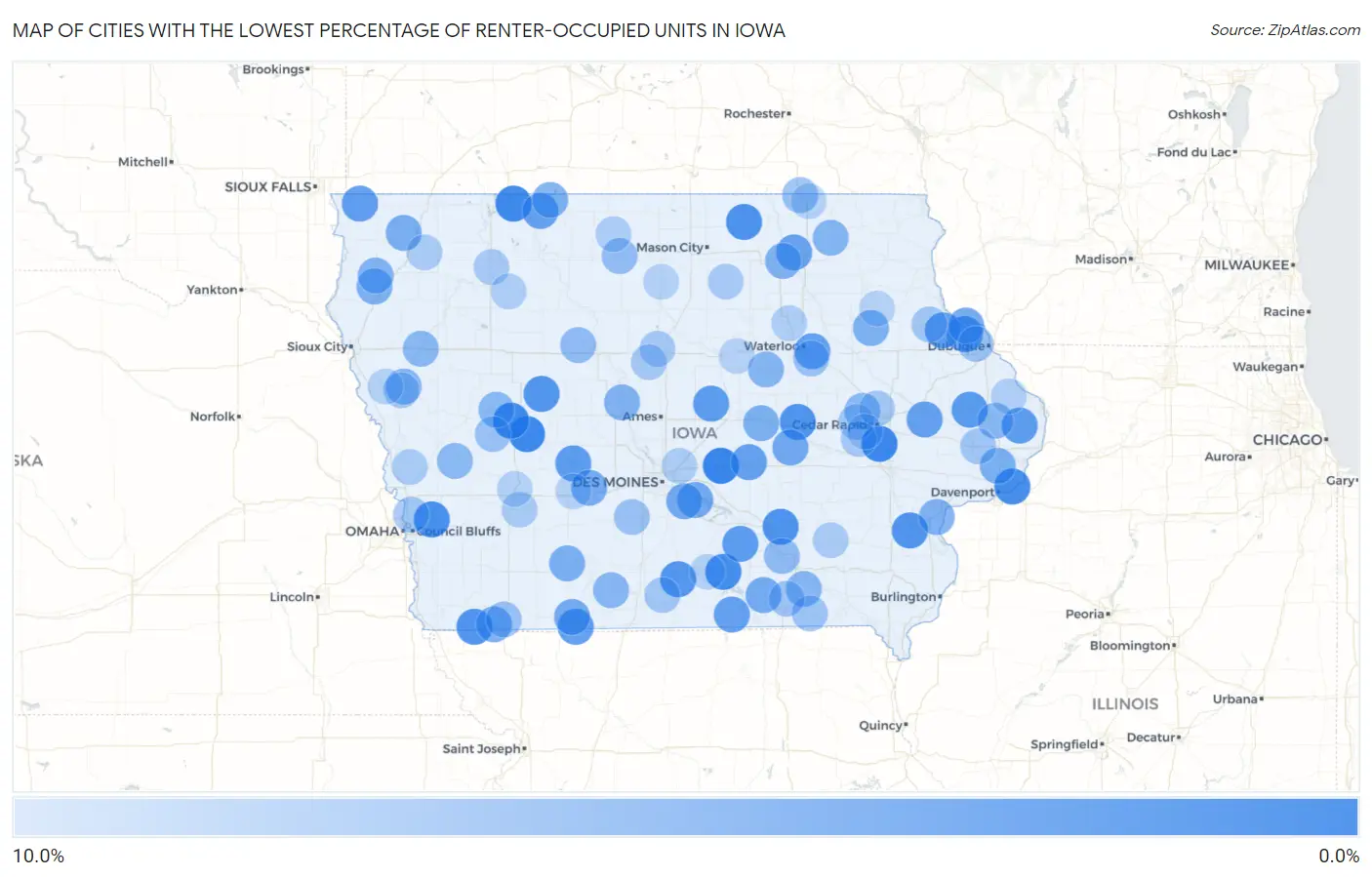Cities with the Lowest Percentage of Renter-Occupied Units in Iowa Map