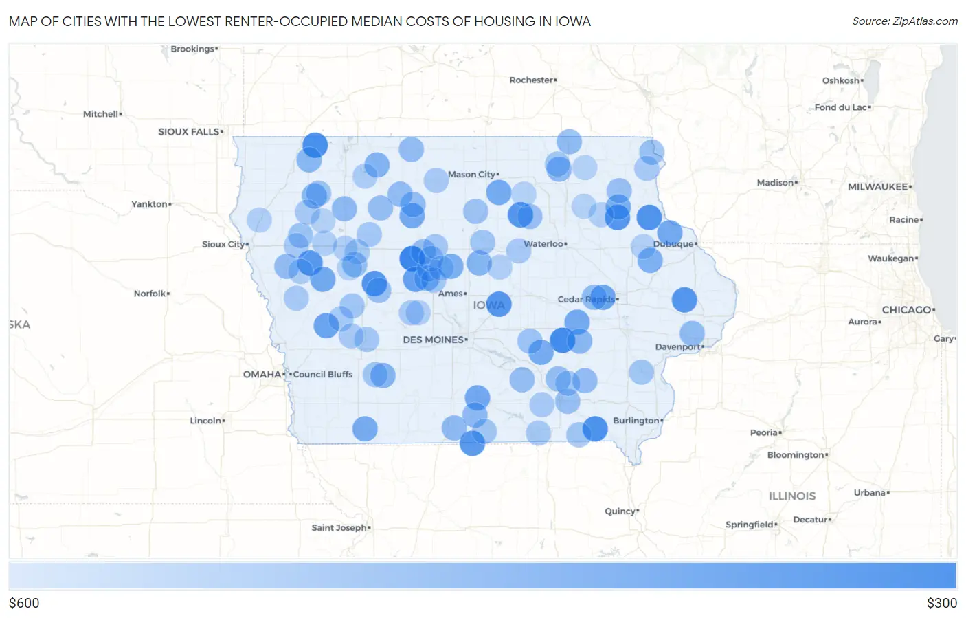 Cities with the Lowest Renter-Occupied Median Costs of Housing in Iowa Map