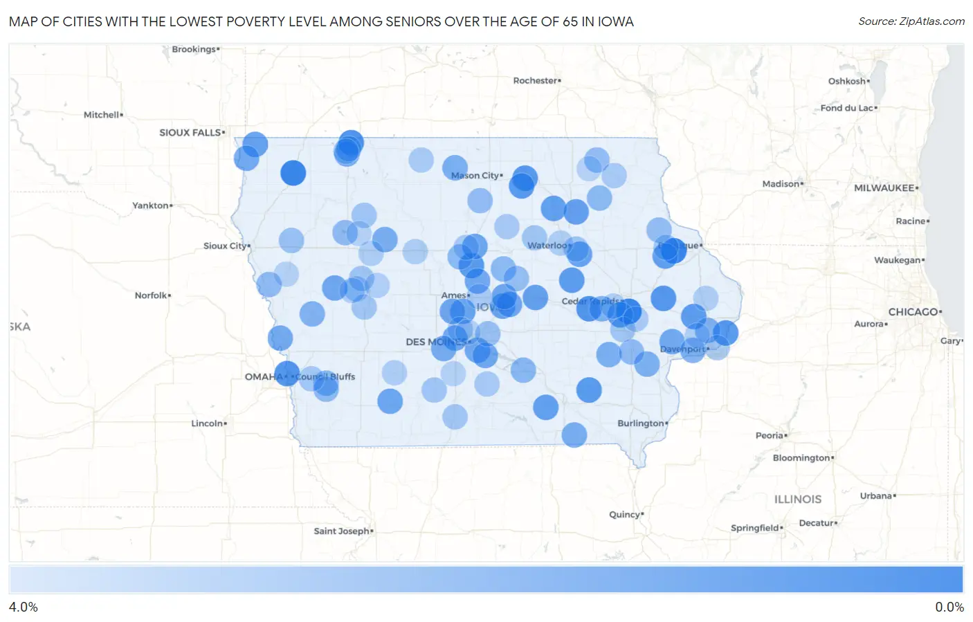 Cities with the Lowest Poverty Level Among Seniors Over the Age of 65 in Iowa Map