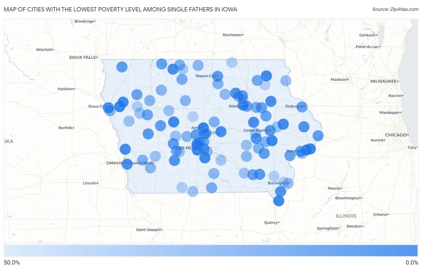 Cities with the Lowest Poverty Level Among Single Fathers in Iowa Map