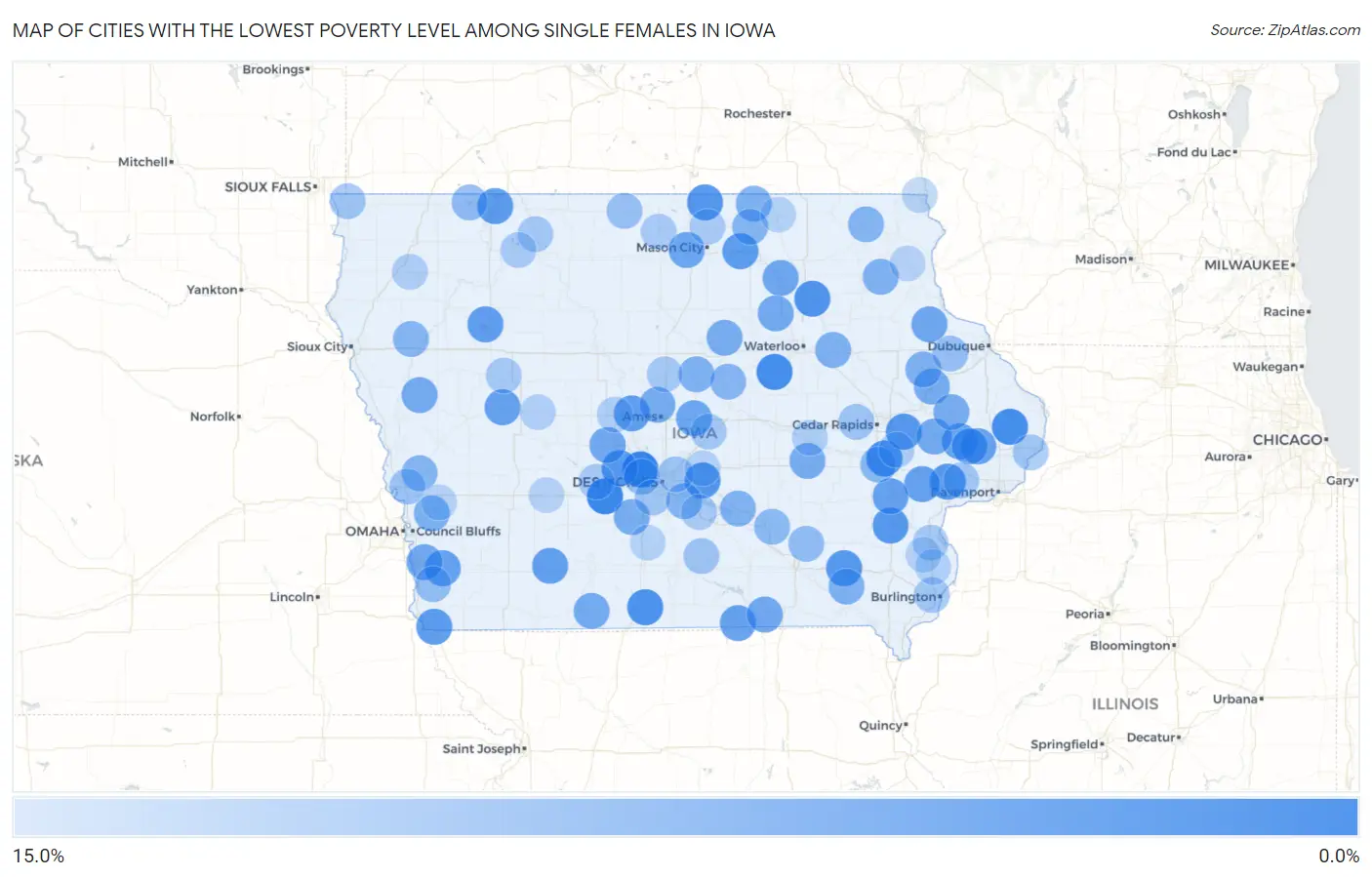 Cities with the Lowest Poverty Level Among Single Females in Iowa Map