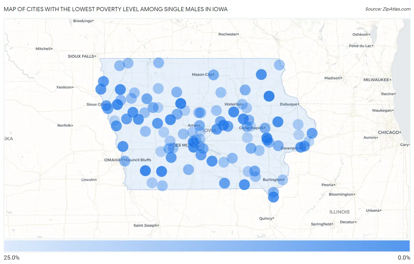 Cities with the Lowest Poverty Level Among Single Males in Iowa Map