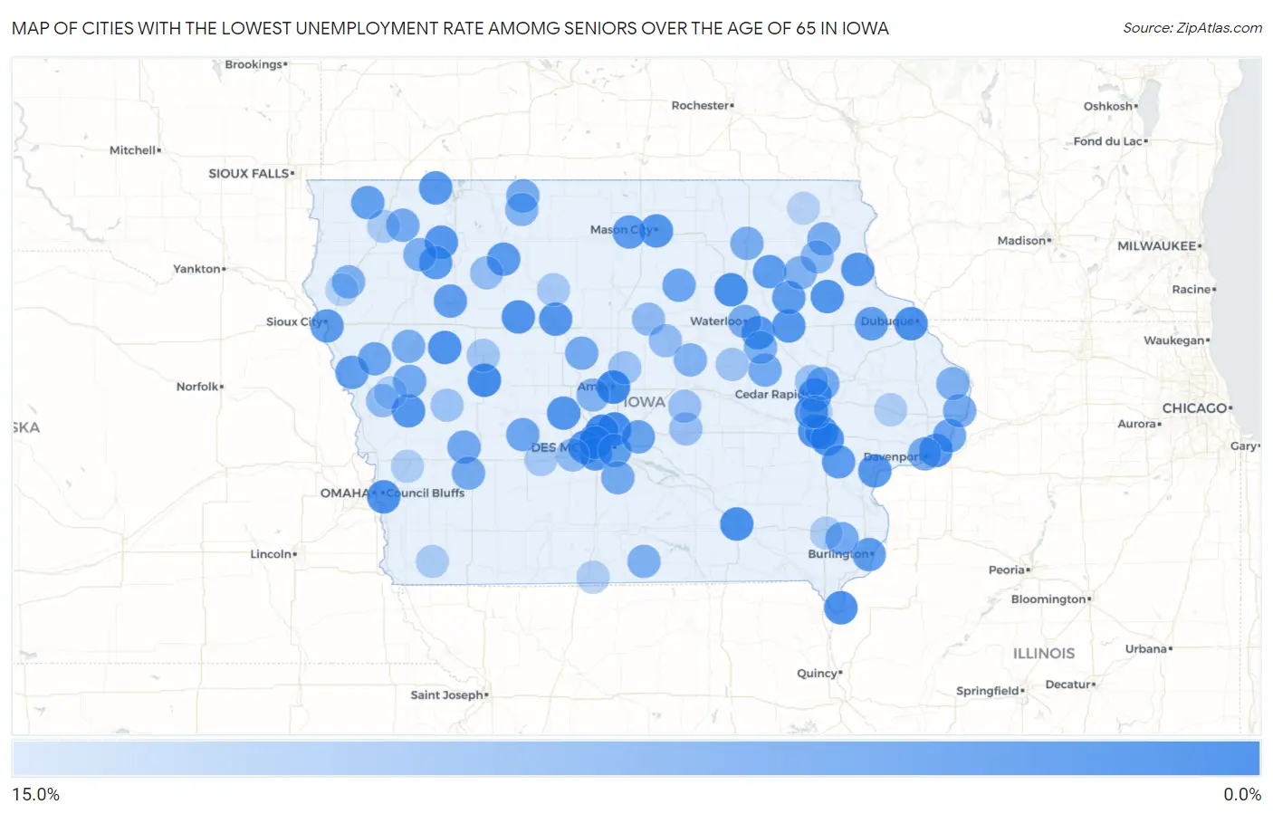 Cities with the Lowest Unemployment Rate Amomg Seniors Over the Age of 65 in Iowa Map