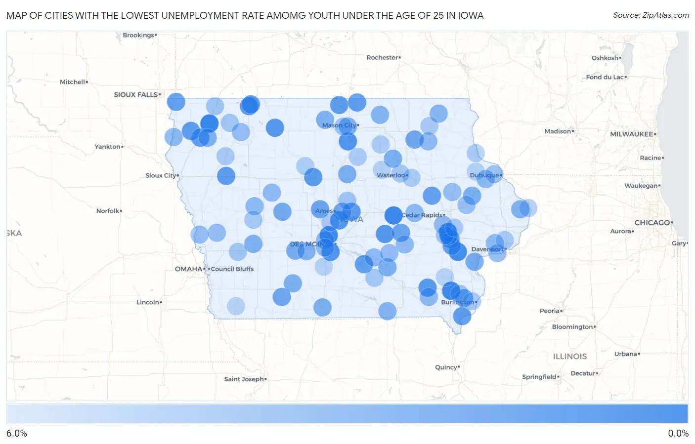 Cities with the Lowest Unemployment Rate Amomg Youth Under the Age of 25 in Iowa Map