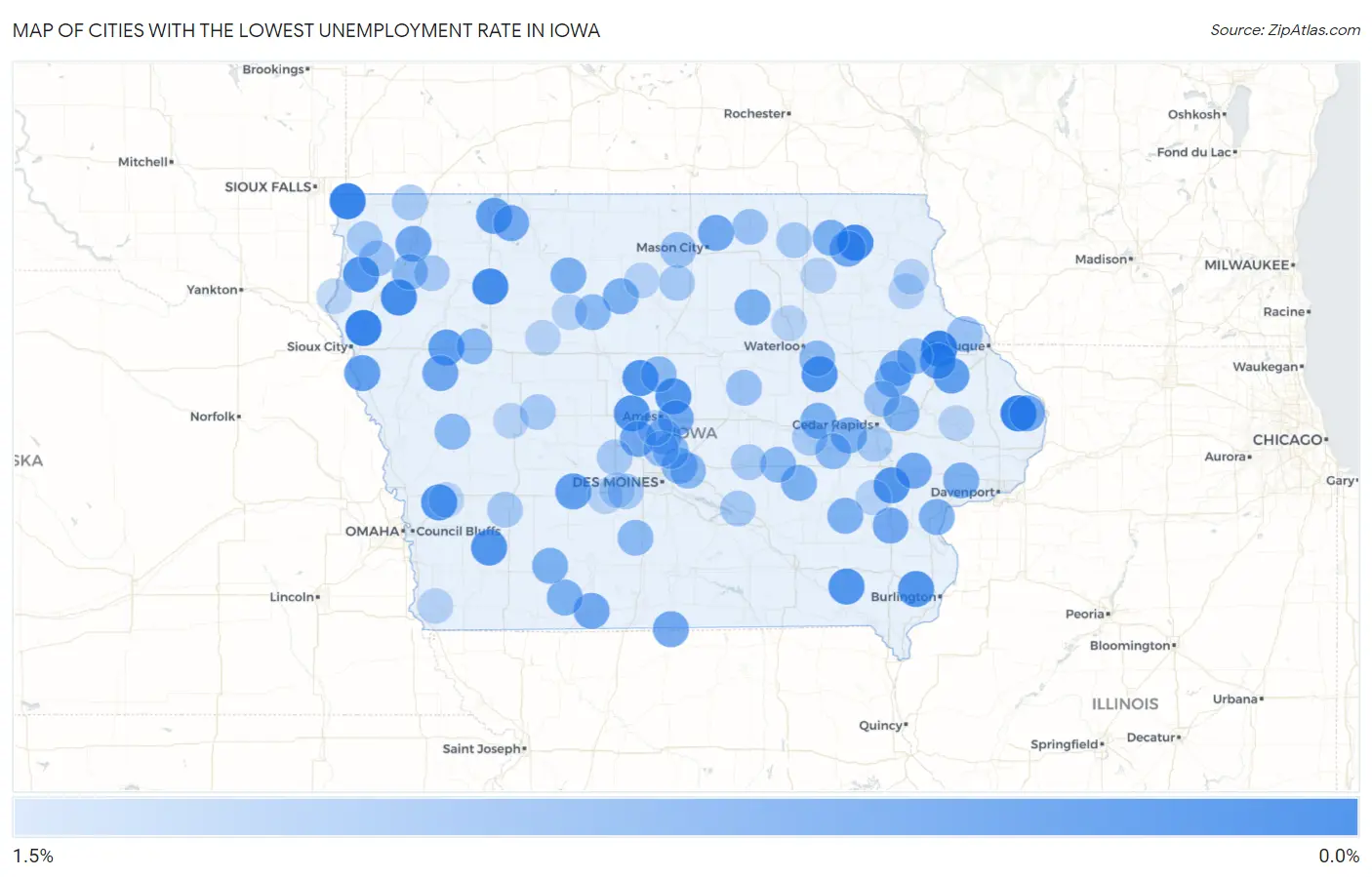 Cities with the Lowest Unemployment Rate in Iowa Map