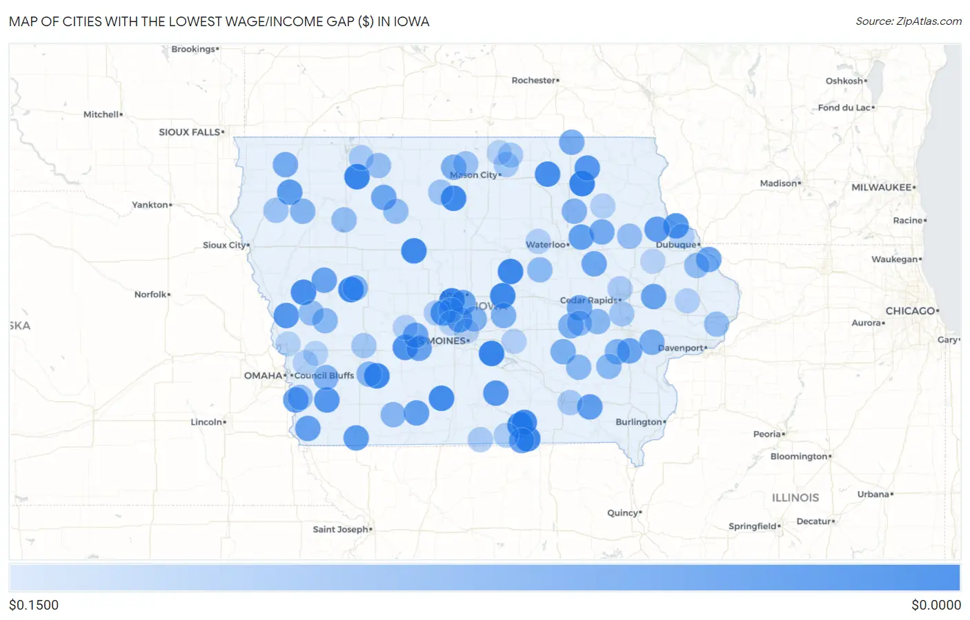Cities with the Lowest Wage/Income Gap ($) in Iowa Map