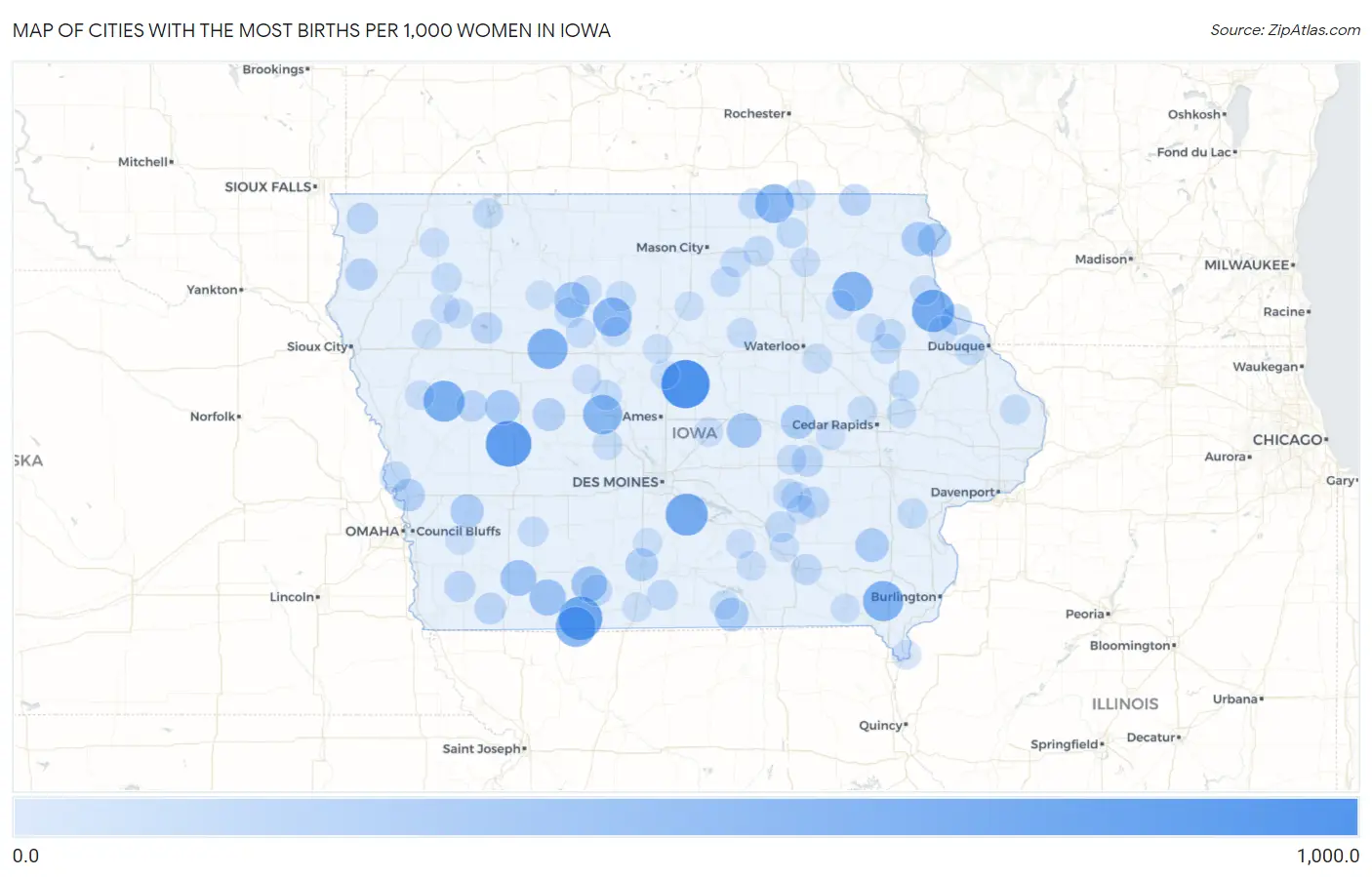 Cities with the Most Births per 1,000 Women in Iowa Map