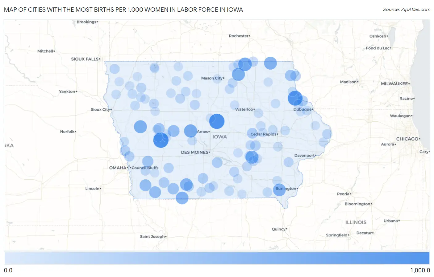 Cities with the Most Births per 1,000 Women in Labor Force in Iowa Map