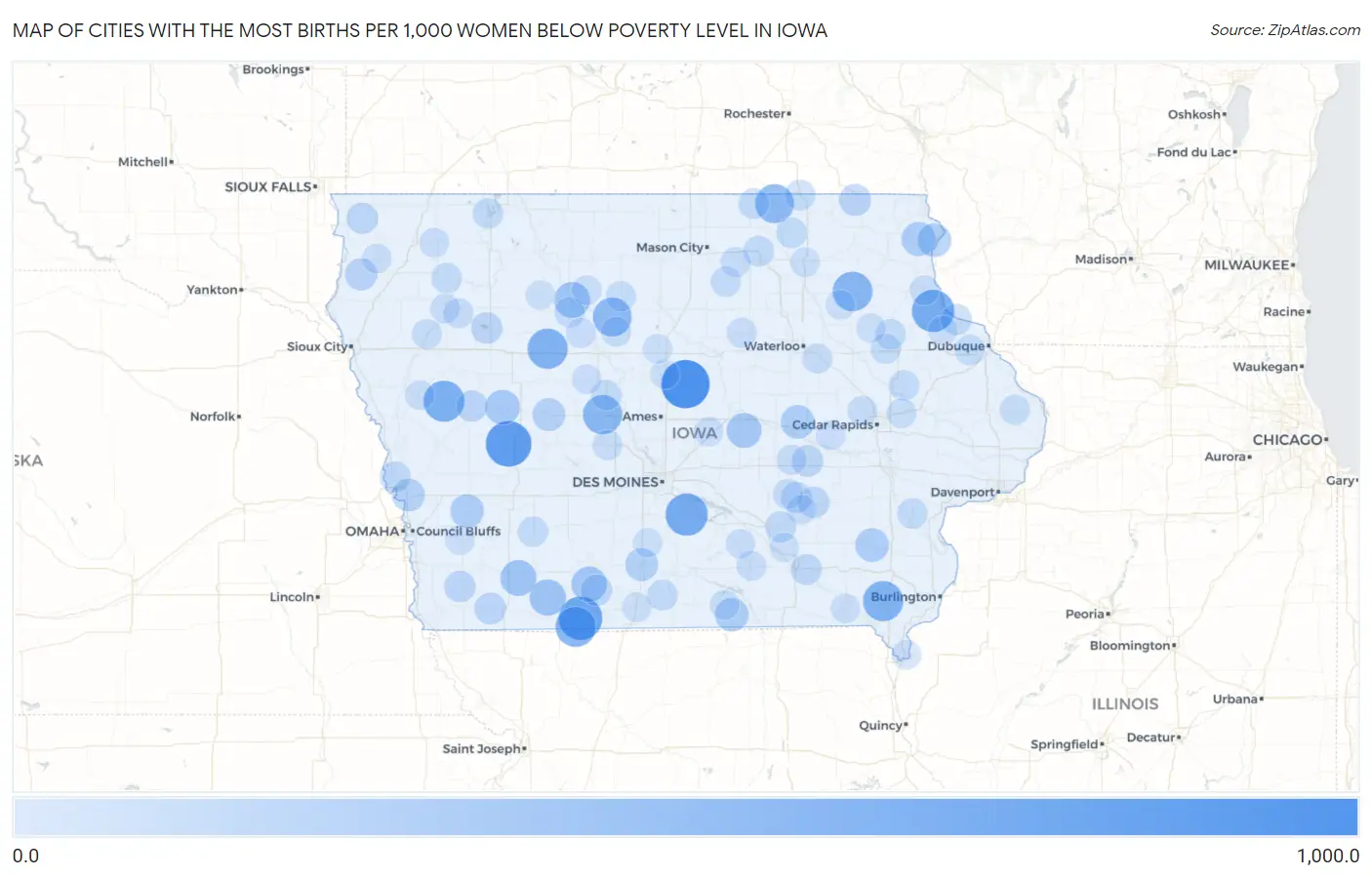 Cities with the Most Births per 1,000 Women Below Poverty Level in Iowa Map