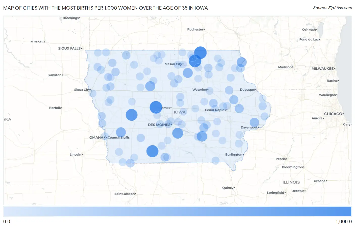 Cities with the Most Births per 1,000 Women Over the Age of 35 in Iowa Map