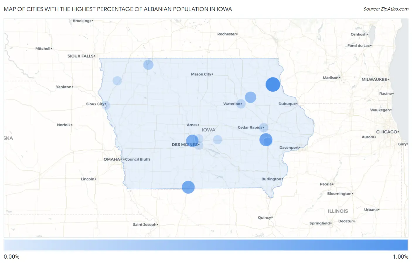 Cities with the Highest Percentage of Albanian Population in Iowa Map